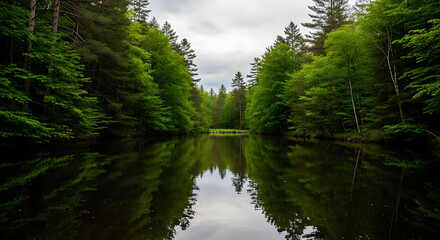 Obraz premium Serene forest lake reflecting lush green trees under a cloudy sky