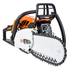Fototapeta premium Power Tool's Precise Precision Isolated On White Background: A powerful chainsaw, gleaming with its sharp, formidable teeth and robust design. 