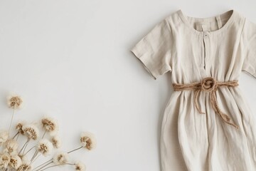 Sandy linen dress with natural fiber belt on white background, minimalist fashion look, ideal for eco style, modern design, wardrobe concepts.