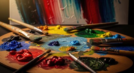 Fototapeta premium A wooden artist's palette with various colors of paint and paintbrushes