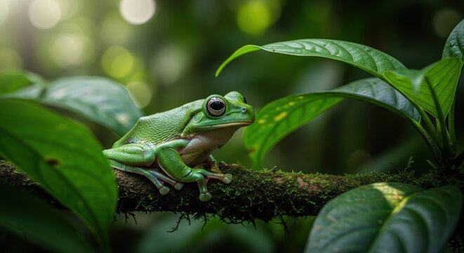 A vibrant green tree frog perched on a mossy branch amidst lush foliage.  Sunlight filters through the greenery