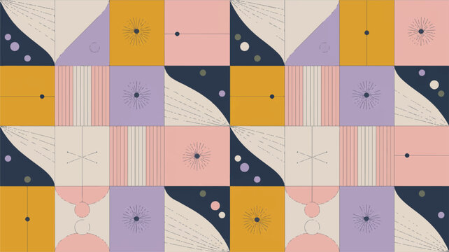 Retro Geometric Pattern with Pastel Colors and Abstract Shapes for Modern Backgrounds and Creative Design Projects Featuring Squares Circles Lines and Starbursts Providing a Vintage Inspired Aesthetic