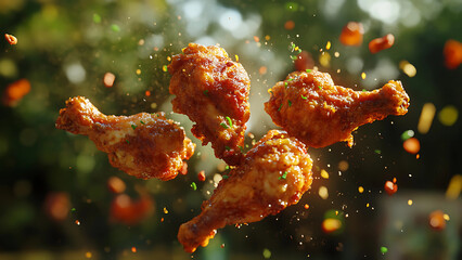 delicious fried chicken with a charming background, floating in the air, cinematic, professional food, ultra realistic


