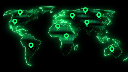 Neon green world map with location pins on black background