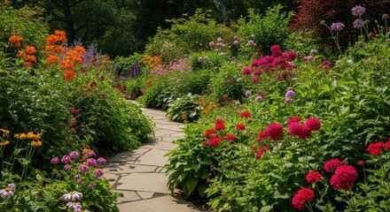 A winding stone path through a vibrant flower garden.  A mix of colorful blooms and lush greenery