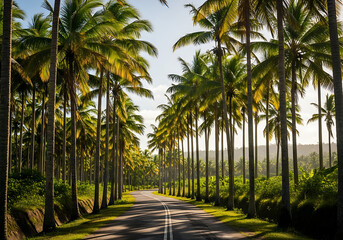 Obraz premium Scenic tree lined road with tall palm trees and bright sunlight