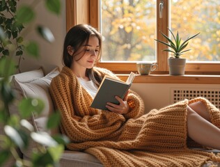 Young woman reading a book on a sofa by the window in autumn