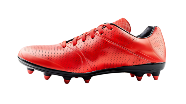 Red soccer cleats for men and women professional football shoe for playing on the field outdoors on transparent background
