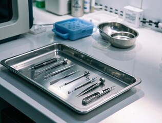 Surgical instruments resting in metal tray in sterile laboratory setting