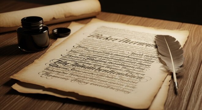 Aged parchment documents, inkwell, quill