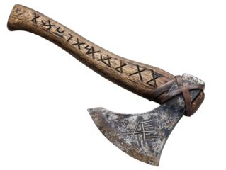 Aged battle axe, etched with intricate runes, rests in a photo. A tangible relic that echoes the grit of the past.