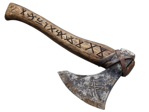 Aged battle axe, etched with intricate runes, rests in a photo. A tangible relic that echoes the grit of the past.