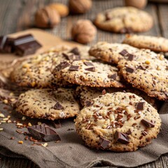 Golden brown cookies adorned with dark chocolate, walnuts, and flax seeds are arranged on a rustic wooden table, bathed in soft, natural light. A delicious dessert awaits