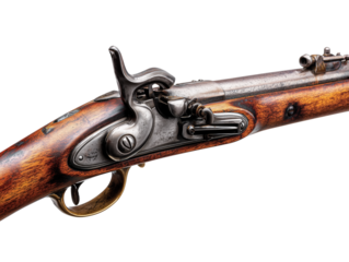 An evocative close-up of a historic rifle, showcasing its craftsmanship and intricate details. 
