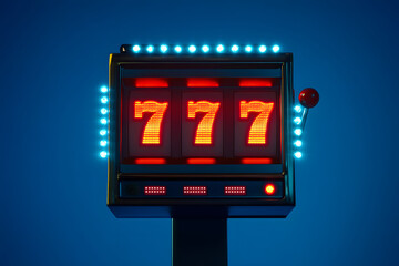 Triple Seven Jackpot Celebration on Casino Slot Machine blue background