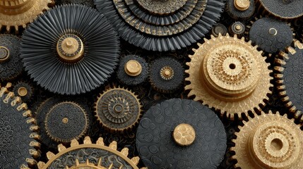 Black and gold gears, intricate patterns, detailed mechanical design