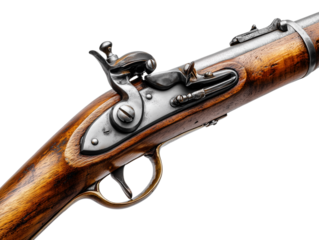 A close-up, detailed shot of an antique rifle with intricate metalwork and aged wooden stock, conveying historical significance.