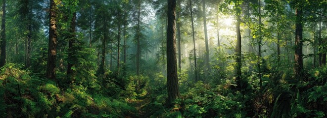 Obraz premium Sunlight streams through a dense, misty forest
