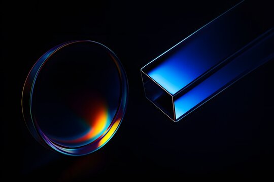 Black 3d background with glass chromatic rectangle and oval ring shape render. Abstract geometry crystal diagonal pattern.  Magnet connection effect with red blue neon glowing gradient.3D illustration