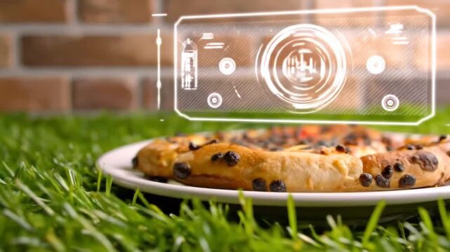 Pizza on Grass with Futuristic HUD Overlay