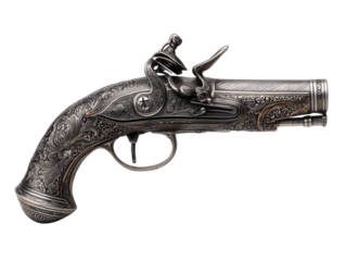 An ornate, antique flintlock pistol. Carved details on gun