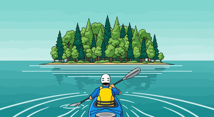 Adventurous Kayaker Exploring A Secluded Island On The Open Water With Calm Seas