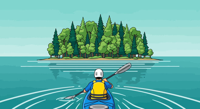 Adventurous Kayaker Exploring A Secluded Island On The Open Water With Calm Seas