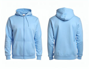 Light blue hoodie with a zipper, front and back view, isolated on white background.