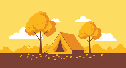 Fototapeta premium Autumn Camping Adventure Vector Illustration featuring Tent and Colorful Trees