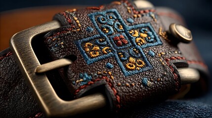 Close up of a brown leather belt with embroidered blue yellow and red floral design and metal buckle