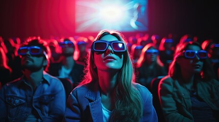 people watching movie in cinema wearing 3D glasses enjoys an immersive cinematic experience. The vibrant colors and lighting enhance the overall atmosphere.