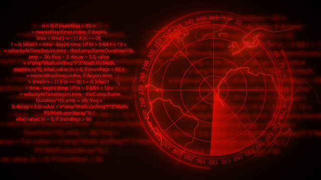 Red Radar Screen With Digital Code And World Map Overlay