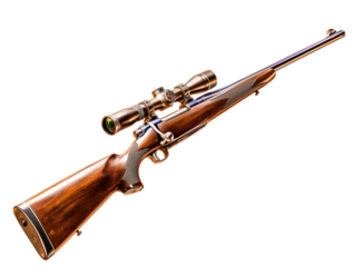 A highly detailed shot of a modern rifle featuring a wood stock, scope, and sleek design.