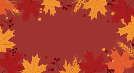 Fototapeta premium Autumnal Arrangement With Vibrant Foliage And Harvest Elements On Maroon Backdrop