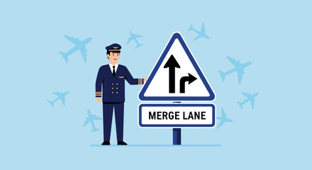 Obraz premium Airport Pilot Directing Aviation Traffic Using Airspace Merge Lane Signage