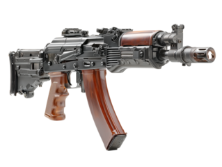 A close-up shot of an AK-74M rifle showcases its modern design and intricate mechanics. 