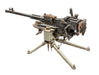 A detailed photograph showcases a heavy machine gun mounted on a tripod, providing a powerful visual of military engineering and firearms.