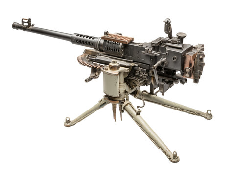 A detailed photograph showcases a heavy machine gun mounted on a tripod, providing a powerful visual of military engineering and firearms.