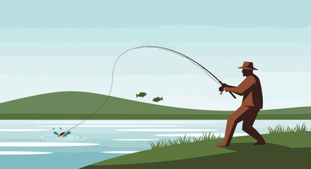 Angler catching fish at lake, outdoor recreational fishing activity scene