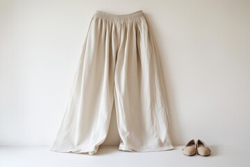 Pair of linen wide-leg trousers with motion curve, closed-toe flats beside, clean white studio backdrop, ideal for fashion, minimal style, and catalog photography.