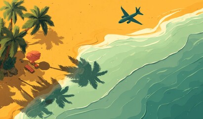 Aerial view of tropical beach with palm trees, shadows, and an airplane
