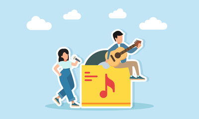 Young man playing guitar sitting on a vinyl album while young woman singing with a microphone illustration of appreciation for music day or music festival