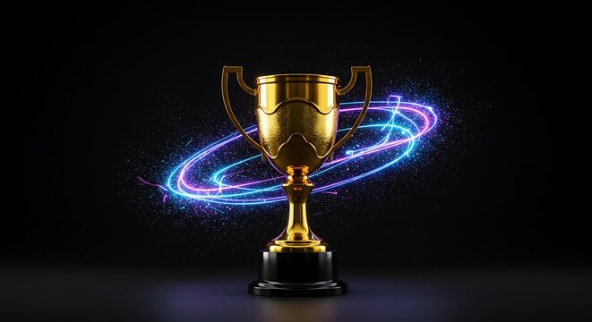 Golden trophy with neon light trails and sparkling particles on a dark background