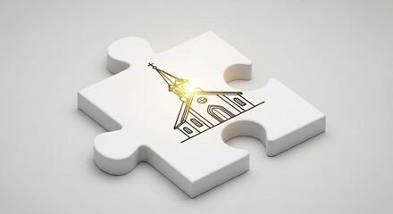 A white puzzle piece featuring a glowing outline of a church building. Business mission and corporate solution concept.