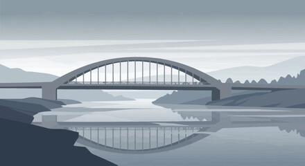 Arched Bridge Over Serene River Reflecting Nature And Misty Mountains
