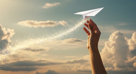 Hand Launching a Paper Airplane into a Sparkling Sky