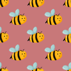 Obraz premium Cute Yellow Bee Hand Drawing Seamless Pattern Background