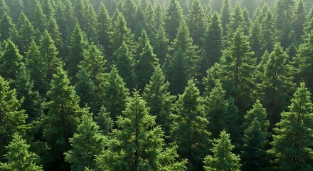 Dense green pine trees filling the frame from a high angle sunlight filtering through the canopy