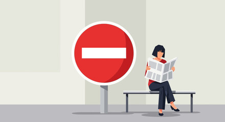 Area Closed For Further Notice with Woman Reading News Illustration