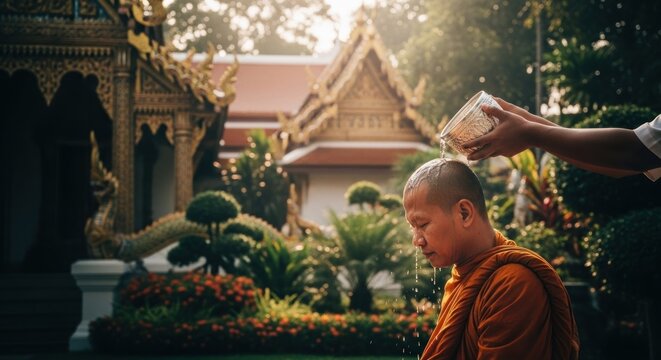 Buddhist monk receiving holy water. Sunlight highlights ornate temple in background - Powered by Adobe